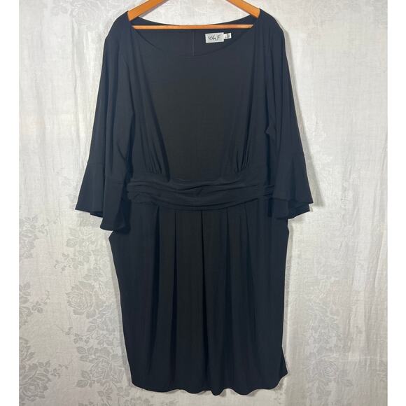 Eliza J Dress 24W Black Stretch Slinky Bell Sleeve Knee Length Pockets Ruched - Picture 1 of 12